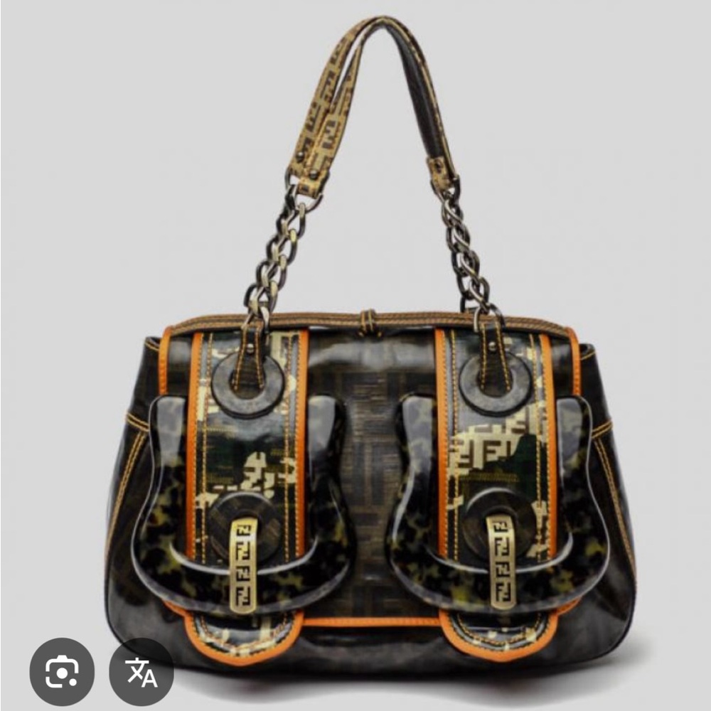 AUTHENTIC Fendi B-Bag Zucca in Patent Leather and Genuine Leather Trim Vintage